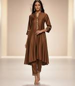 Brown embroidered chanderi anarkali kurta set