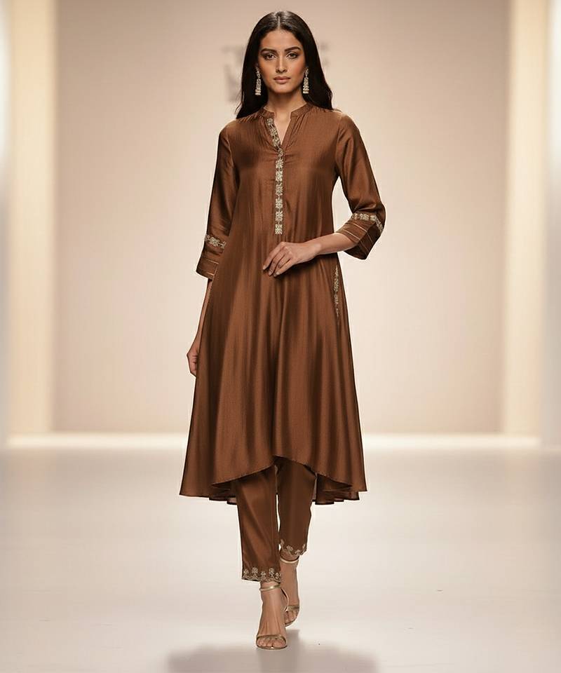 Brown embroidered chanderi anarkali kurta set