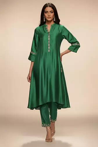 Green embroidered chanderi anarkali kurta set
