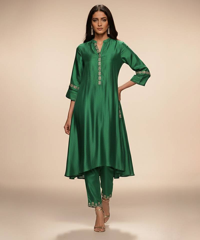 Green embroidered chanderi anarkali kurta set