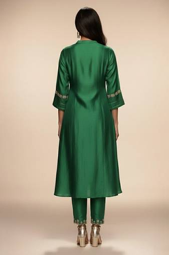 Green embroidered chanderi anarkali kurta set