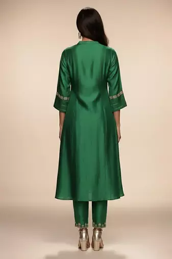Green embroidered chanderi anarkali kurta set