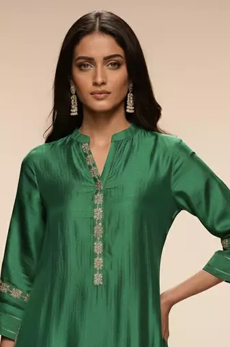 Green embroidered chanderi anarkali kurta set