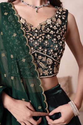 Bottle Green Burberry Organza Handwork Lehenga Set 3