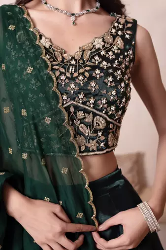 Bottle Green Burberry Organza Handwork Lehenga Set