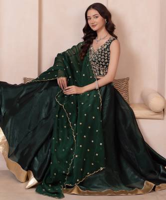 Bottle Green Burberry Organza Handwork Lehenga Set 5