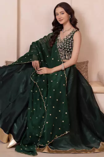 Bottle Green Burberry Organza Handwork Lehenga Set