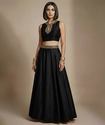 Black embroidered silk co ord set 1