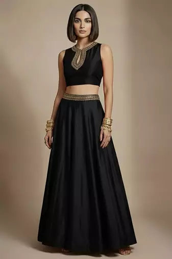 Black embroidered silk co ord set