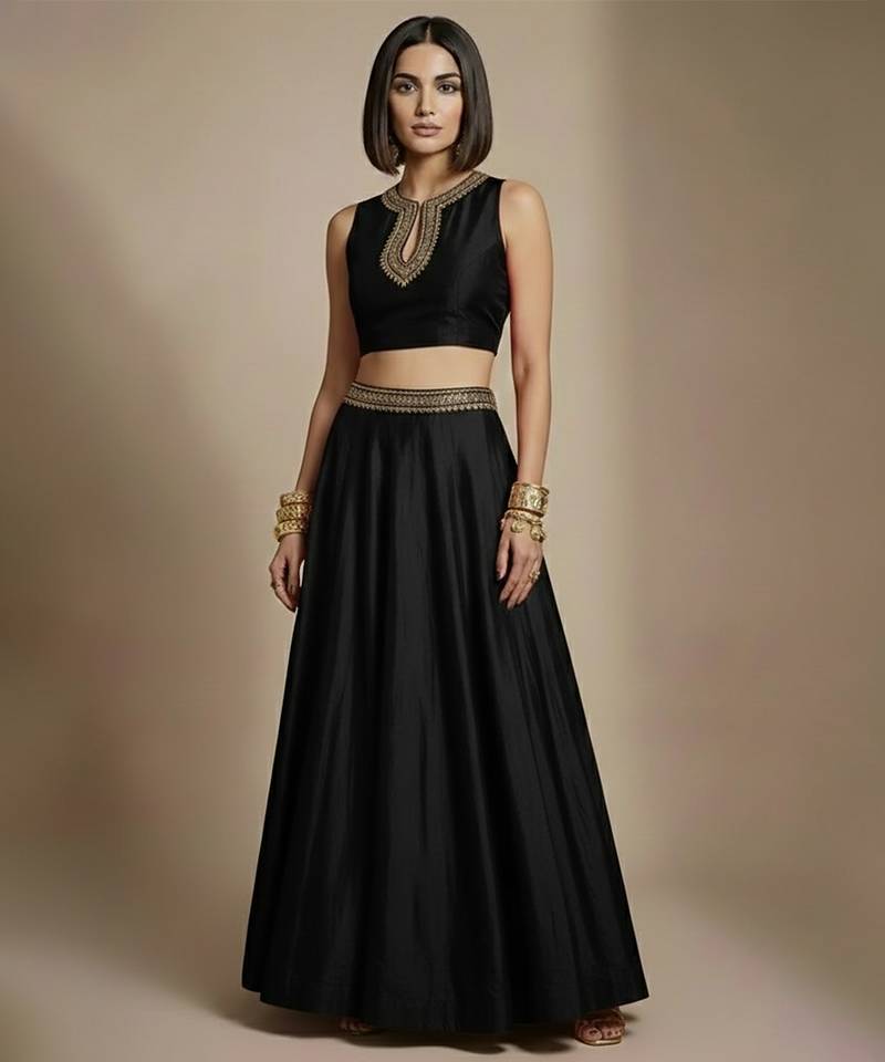 Black embroidered silk co ord set