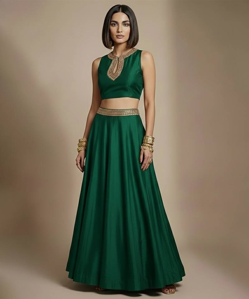 Emerald green embroidered silk co ord set