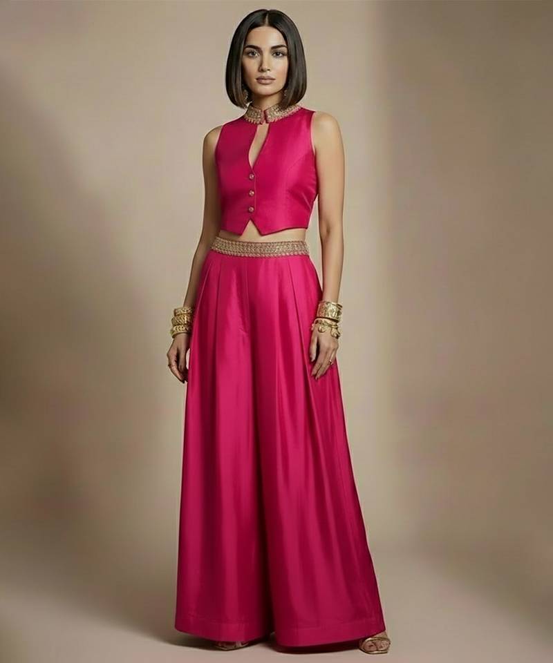Hot pink embroidered silk co ord set