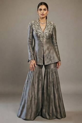 Grey embroidered raw silk indo western sharara set