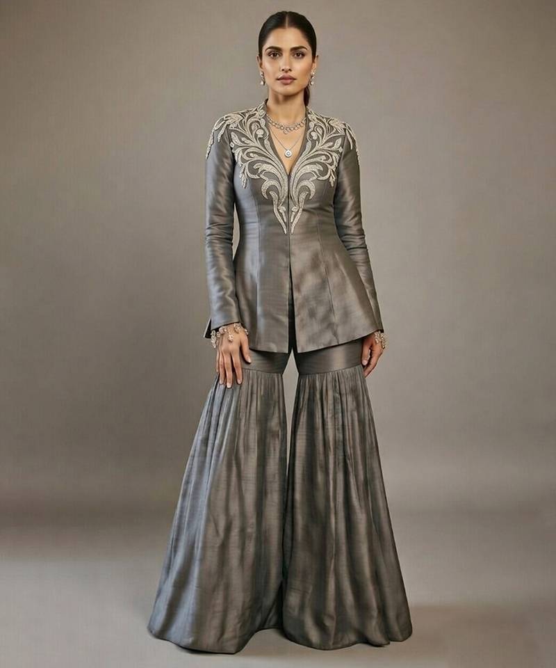 Grey embroidered raw silk indo western sharara set