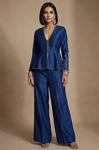 Blue embroidered raw silk co ord set