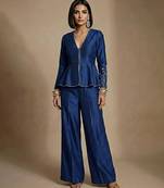 Blue embroidered raw silk co ord set