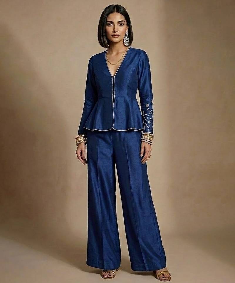 Blue embroidered raw silk co ord set