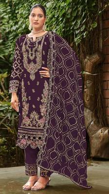 Purple faux georgette suit with embroidered sequin  1