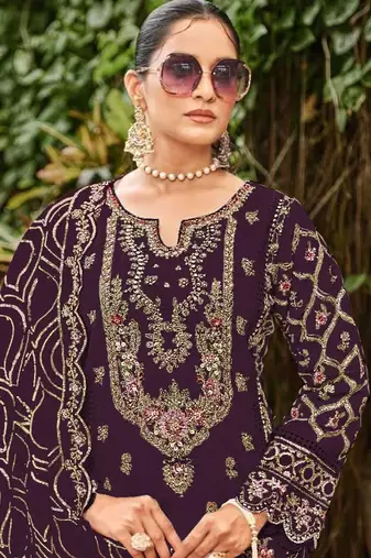 Purple faux georgette suit with embroidered sequin 