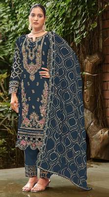Navy faux georgette suit with embroidered sequin  1
