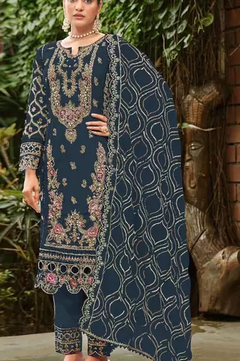 Navy faux georgette suit with embroidery & sequin work
