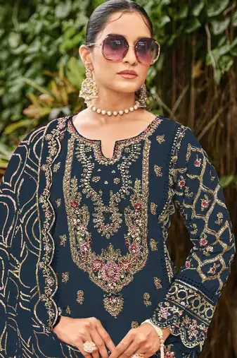 Navy faux georgette suit with embroidered sequin 