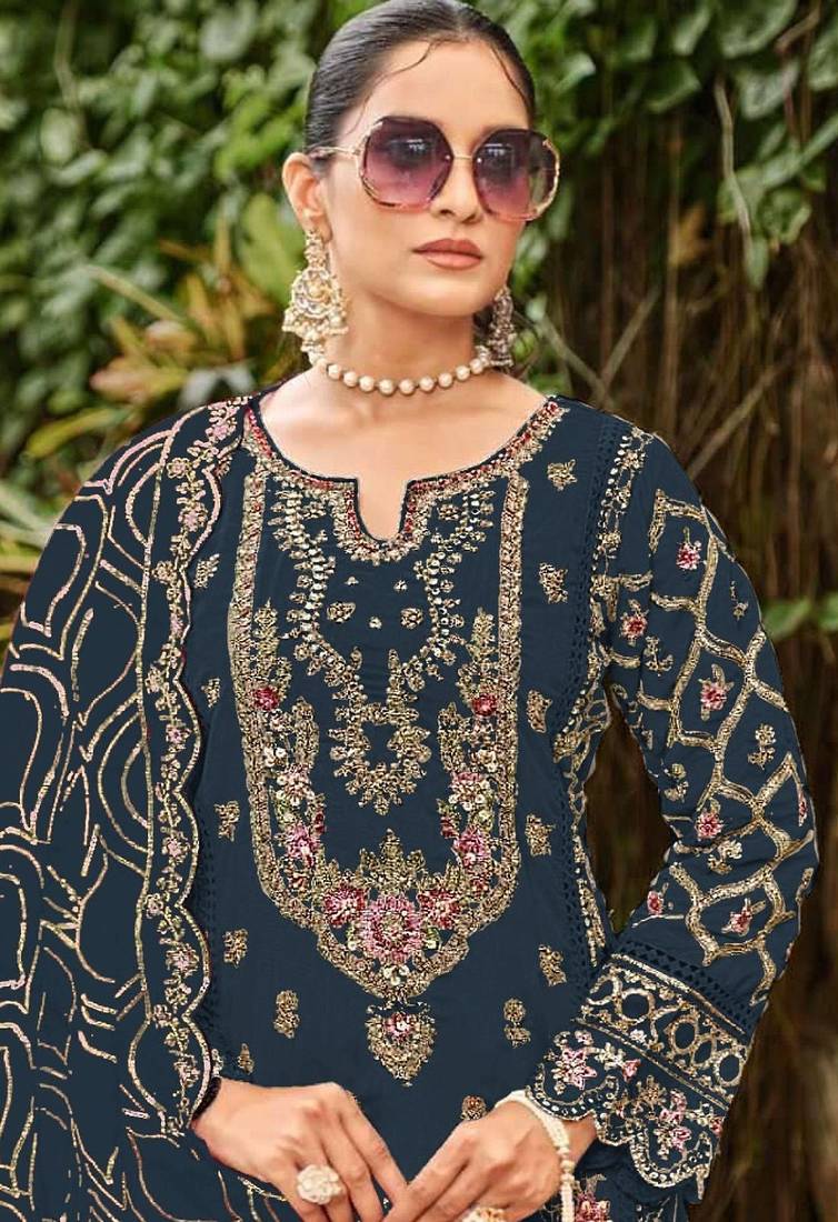 Navy faux georgette suit with embroidery & sequin work