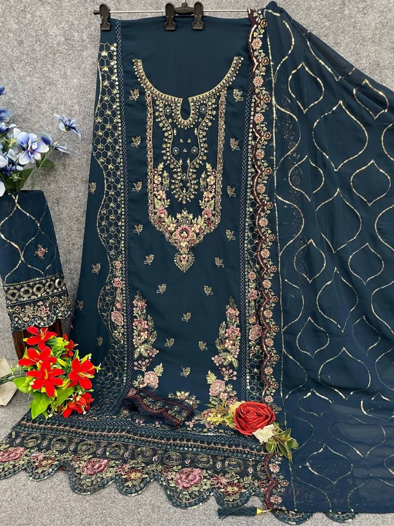 Navy faux georgette suit with embroidery & sequin work