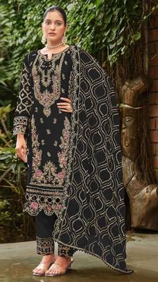 Black faux georgette suit with embroidered sequin  1