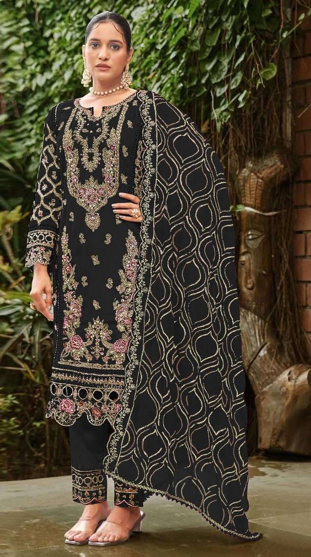 Black faux georgette suit with embroidery & sequin work