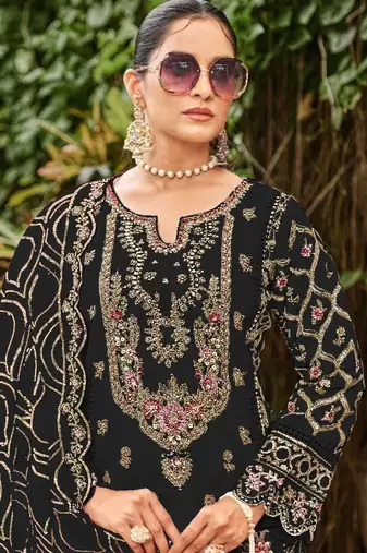 Black faux georgette suit with embroidered sequin 