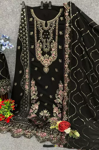 Black faux georgette suit with embroidered sequin 