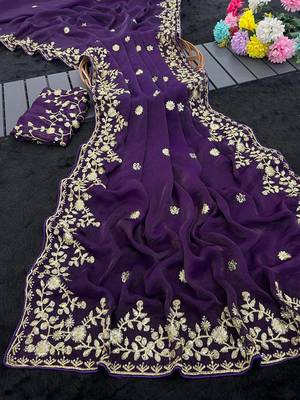 Purple color sequnce with zari Thread work with piping border chiffon Saree 1