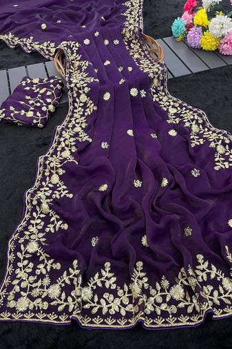 Purple color sequnce with zari Thread work with piping border chiffon Saree