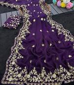 Purple color sequnce with zari Thread work with piping border chiffon Saree