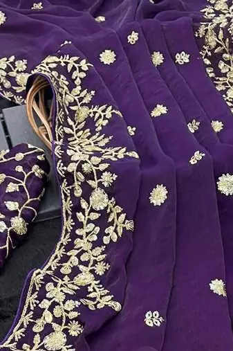Purple color sequnce with zari Thread work with piping border chiffon Saree