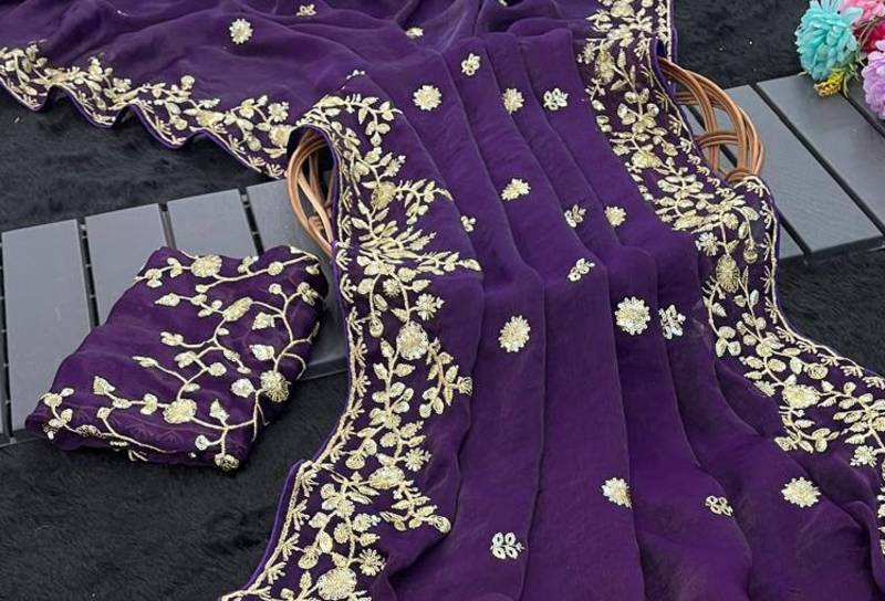 Purple color sequnce with zari Thread work with piping border chiffon Saree
