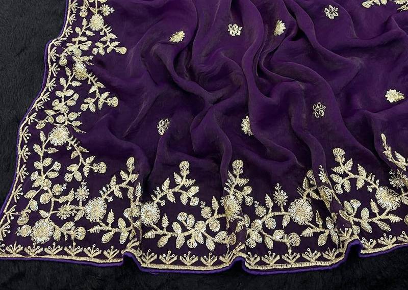 Purple color sequnce with zari Thread work with piping border chiffon Saree