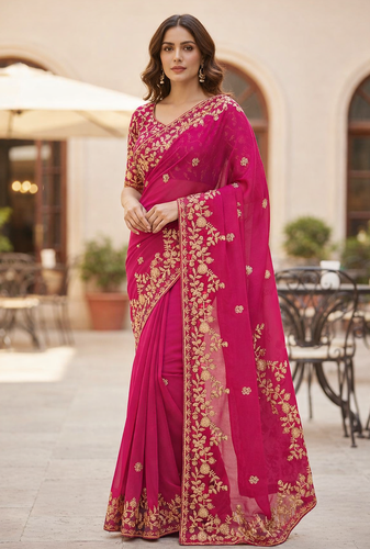 Rani Pink color sequnce with zari Thread work with piping border chiffon Saree