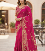 Rani Pink color sequnce with zari Thread work with piping border chiffon Saree