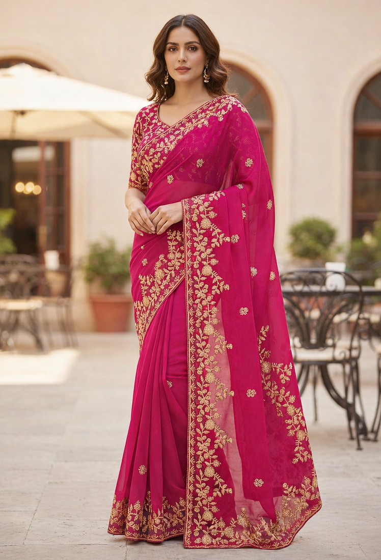 Rani Pink color sequnce with zari Thread work with piping border chiffon Saree