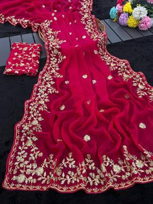 Rani Pink color sequnce with zari Thread work with piping border chiffon Saree 2