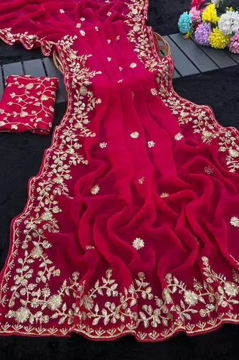 Rani Pink color sequnce with zari Thread work with piping border chiffon Saree