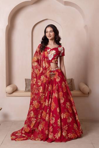 Red Floral Chiffon Handwork Lehenga Set