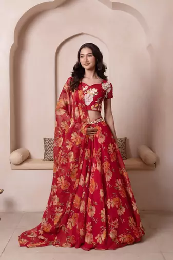 Red Floral Chiffon Handwork Lehenga Set