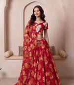 Red Floral Chiffon Handwork Lehenga Set