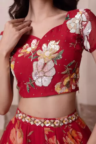Red Floral Chiffon Handwork Lehenga Set
