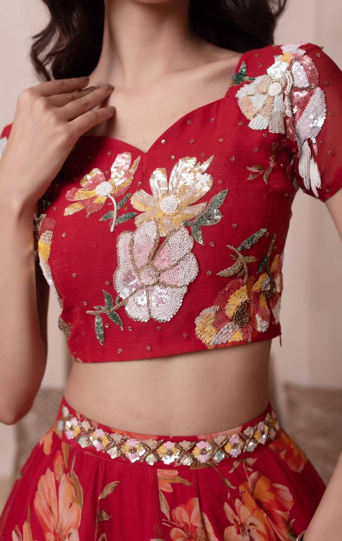 Red Floral Chiffon Handwork Lehenga Set
