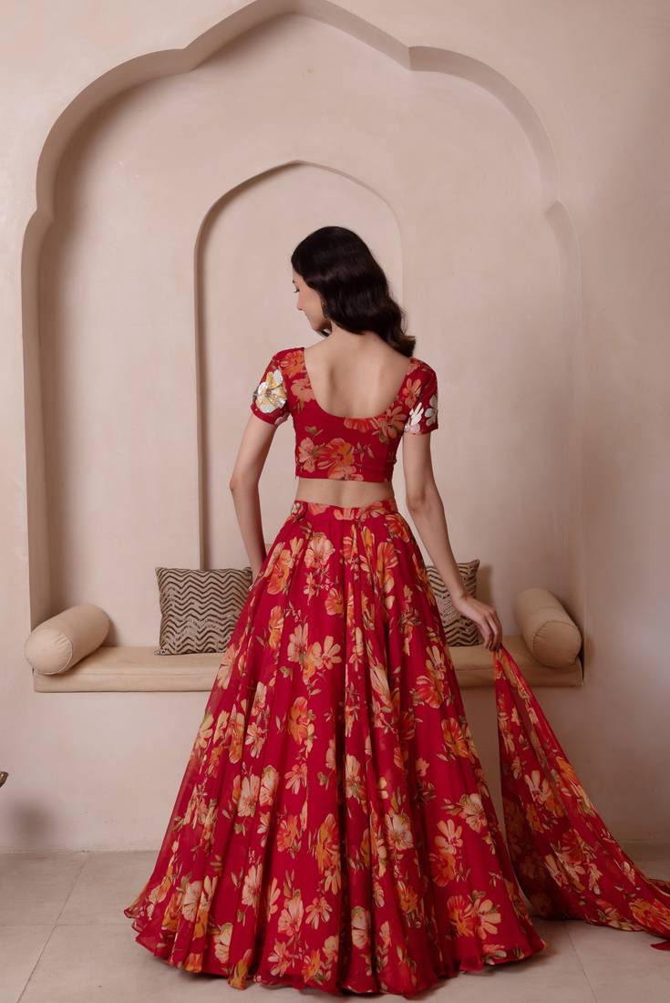 Red Floral Chiffon Handwork Lehenga Set