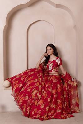 Red Floral Chiffon Handwork Lehenga Set 4